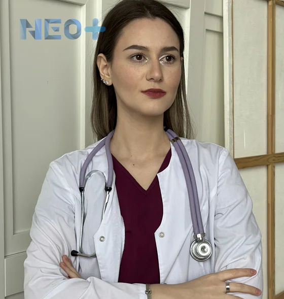 женщина врач в коридоре клиники